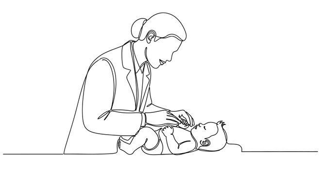 Doctor examining newborn baby line art illustration, pediatric healthcare concept, medical checkup for infant, childcare and parenting theme, minimal outline drawing isolated on white background
