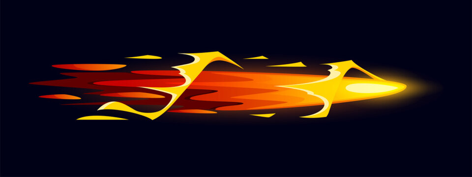 Cartoon game gun effect, magic power, wizard glow vfx light or magical ui animation. Vector red and yellow blaze with glowing sparks, isolated spell, fireball flash or light trail for fantasy games