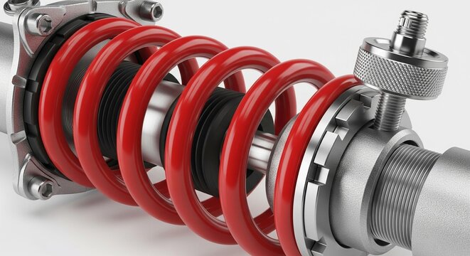 Close-up of a high-performance red coilover spring and adjustable shock absorber assembly.
