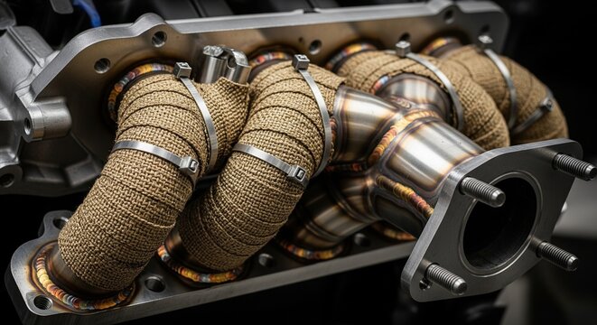 A high-performance exhaust manifold wrapped in beige heat-shielding material (exhaust wrap) with stainless steel ties to manage engine bay temperatures.