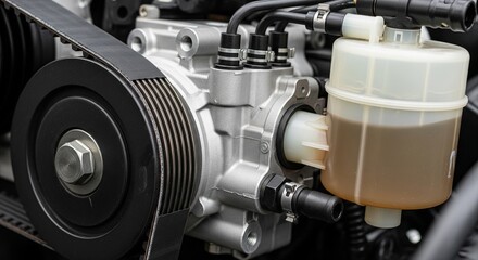 Fototapeta premium Close-up of a modern car engine bay focusing on the power steering pump, fluid reservoir, and serpentine belt.