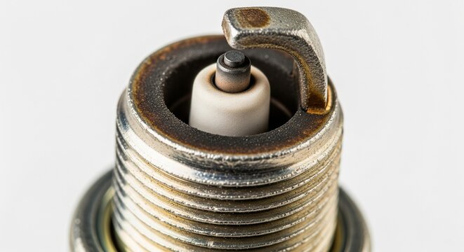 Macro shot of a used automotive spark plug showing the electrode and ceramic insulator with slight carbon deposits.