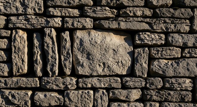 A close-up of a dry-stack stone wall made of rough, weathered rectangular grey blocks with deep textures and shadows.