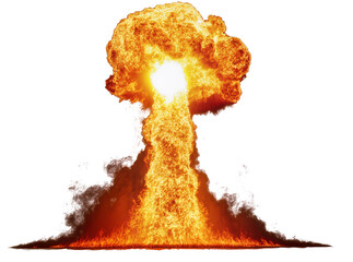 Powerful and destructive mushroom cloud explosion, featuring vibrant orange flames and billowing dark smoke, isolated PNG for impactful visual design