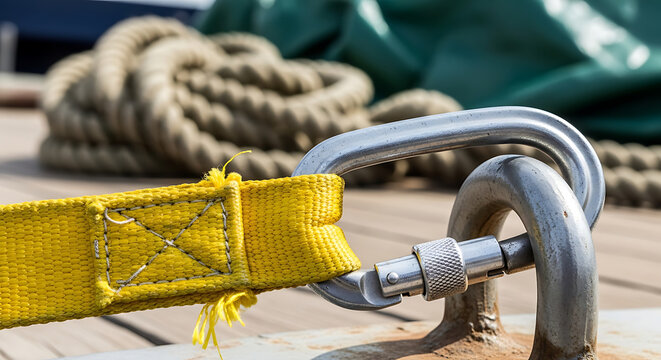 Close-up shot of a safety harness and carabiner attached to a secure anchor point
