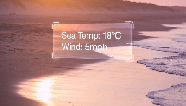 Activating HUD via sun glare displaying Sea Temp 18&deg;C and Wind 5mph on wet beach sand