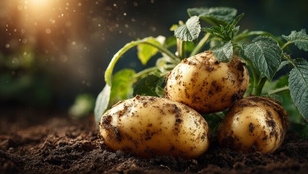 Potatoes freshly harvested and lying on garden soil, organic farming, natural healthy vegetables, rich earth