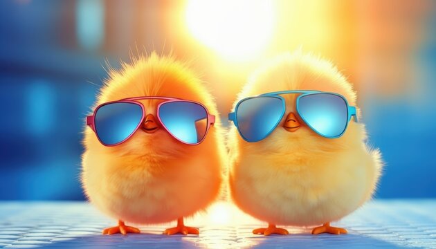 Two cheerful chicks wearing sunglasses and smiling brightly together