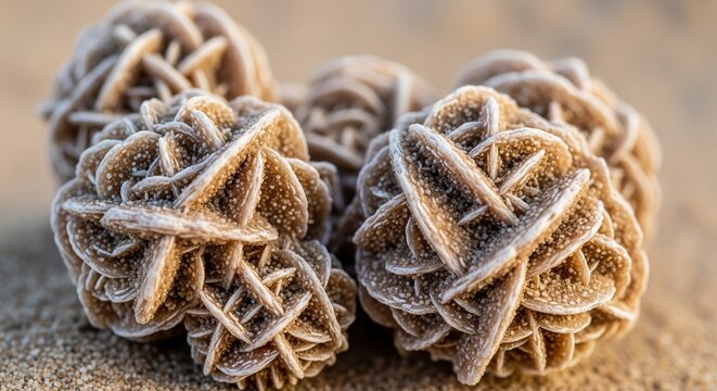 Close-up detail of "Desert Rose" crystal formations. These unique gypsum rosettes feature a sandy texture and intricate, petal-like blade structures.