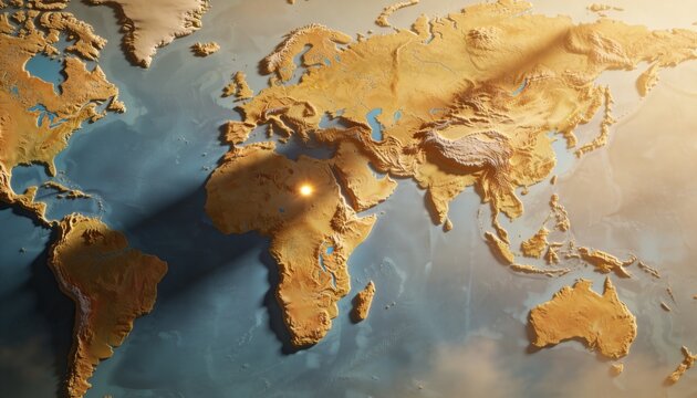 Displaying detailed 3D relief world map in studio, showing raised continents and deep-blue oceans