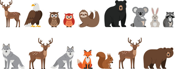 Fototapeta premium Collection of forest animals including deer, bear, wolf, fox, owl, eagle, squirrel, and rabbit in flat vector illustration style