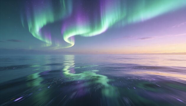 Dancing aurora borealis stretching across predawn sky over sea near isles, reflecting on calm water
