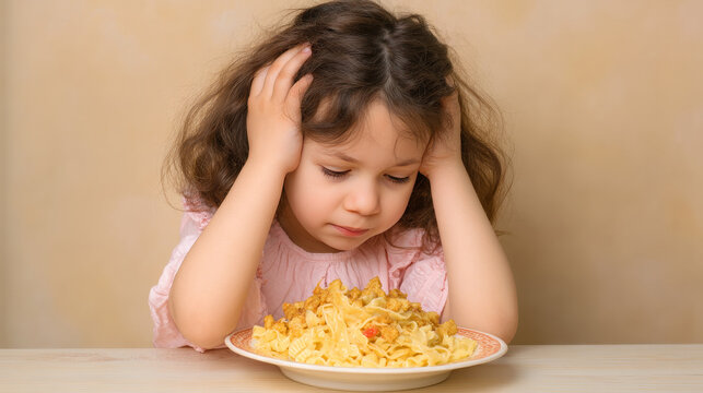 Child girl refuses eating food meal nutrition problem picky kid behavior parenting stress health diet family feeding struggle childhood care concept