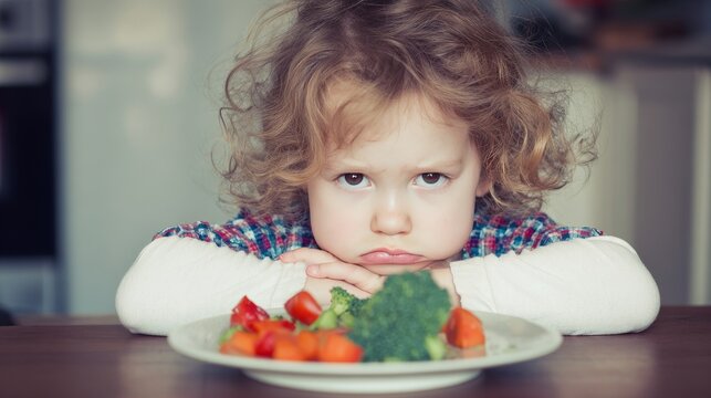 Child girl refuses eating food meal nutrition problem picky kid behavior parenting stress health diet family feeding struggle childhood care concept