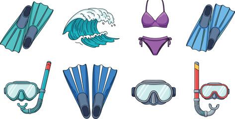 Collection of snorkeling gear and summer beach elements including fins, diving masks, snorkels, ocean wave, and bikini in flat vector illustration style © Rumi