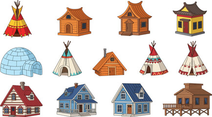 Collection of traditional houses and dwellings including teepees, igloos, wooden cabins, and colorful village homes in flat vector illustration style © Rumi
