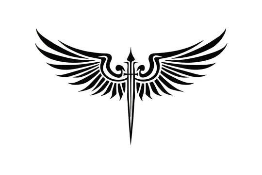 Black tribal style emblem with a sword centered between spread wings, representing power, victory, and liberty. Transparent background