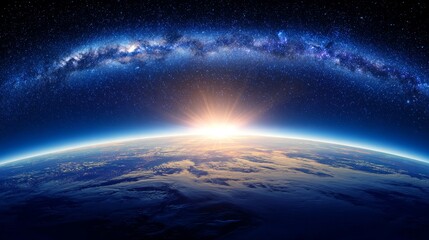 Obraz premium Earth planet space sunrise galaxy stars orbit globe environment ecology nature atmosphere horizon light universe cosmic global sustainability concept