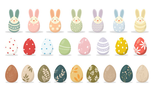 Easter Egg Collection Set with Bunny, Floral and Pattern Designs Vector Colorful Easter Eggs Bundle, vector illustration.