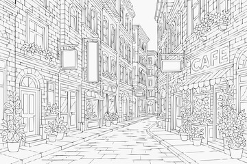 Obraz premium A complex coloring page for children - a city street with buildings