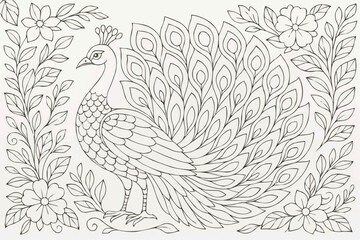 Fototapeta premium A complex coloring page for children - a peacock design with multi-layered feathers and floral elements
