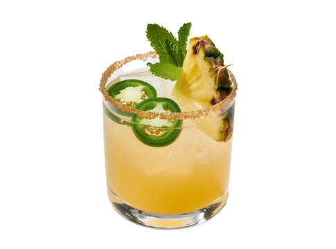 Refreshing spicy pineapple jalape&ntilde;o cocktail with fresh mint and a sugared rim, isolated on transparent background, perfect for summer drink menus PNG
