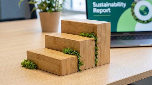 Wooden blocks with moss on desk with laptop showing sustainability report