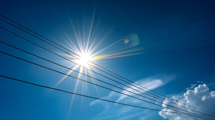 Fototapeta premium Low angle view looking up at metal electricity pylons against a clear bright blue sky; electricity pylons or towers with cables and wires; concept electricity transmission, electrical infrastructure