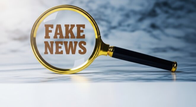 A magnifying glass with fake news text