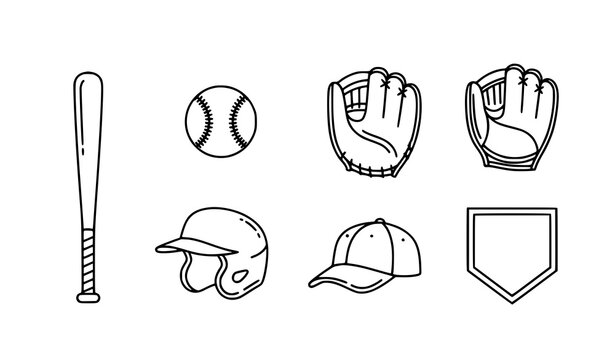 Baseball line art icon set with bat ball glove helmet outline vector collection