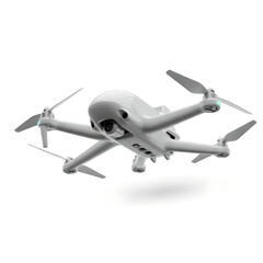 Fototapeta premium A sleek white drone with multiple propellers hovers in mid-air against a plain white background.