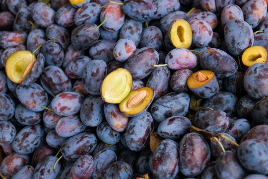 Munich, Germany, Europe Fresh plums close up with cut fruit showing texture at farmers market