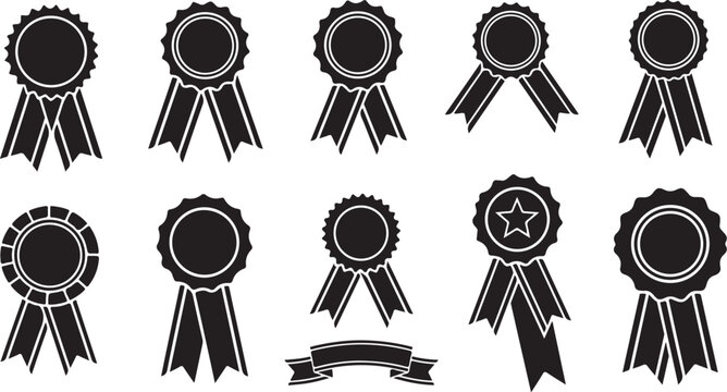 Collection of black award ribbons and rosettes on white