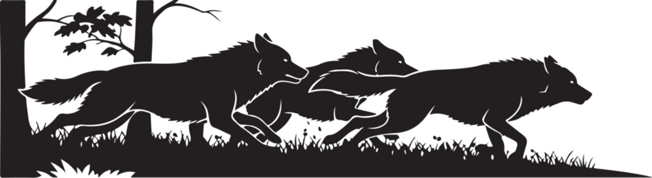 Silhouette of three wolves running together in the wild