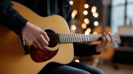 Obraz premium Close-up of hands playing acoustic guitar indoors with warm bokeh lights in the background.