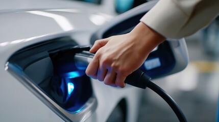 Naklejka premium Close-up of hand plugging charging cable into electric car at station
