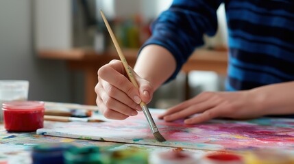 Naklejka premium Close-up of hand painting colorful abstract on paper with brush in art studio.