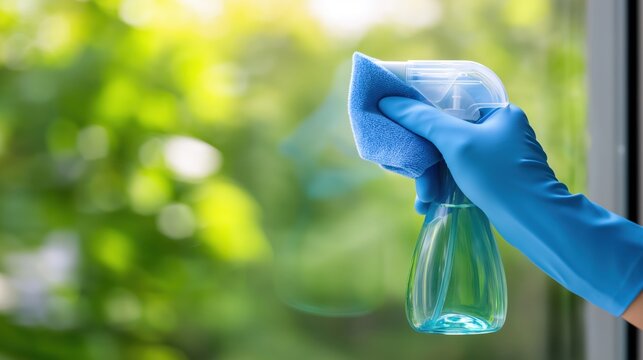 Gloved hand cleaning a window with spray bottle and microfiber cloth in bright home setting.