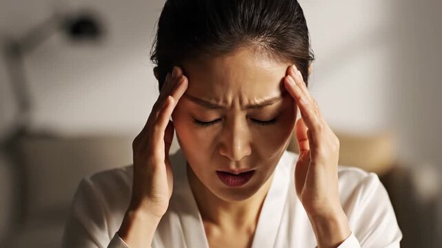 Woman in distress holding temples with headache suitable for healthcare, stress relief blogs, mental health awareness, medical websites, and pharmaceutical ads.