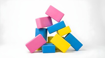 Fototapeta premium Colorful blocks are stacked in a playful arrangement on a white background during daytime playtime in a home setting