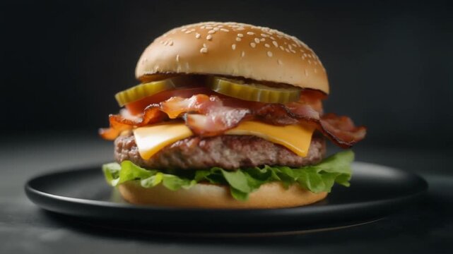 A juicy burger with bacon, cheese, lettuce, and pickles on a plate.
