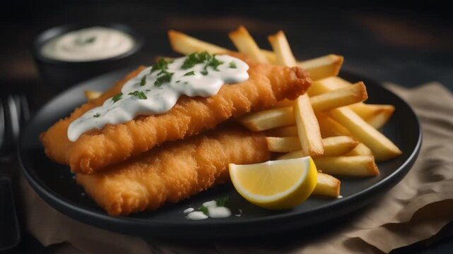 Delicious fish and chips served on a plate with tartar sauce and lemon