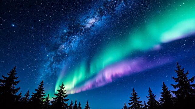 Aurora borealis illuminates the night sky with vibrant green and purple hues above a forest silhouette under a starry Milky Way.
