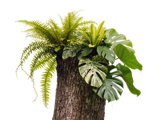 Vibrant tropical epiphytic plants, including lush green ferns, variegated Monstera, and bird s nest fern, thriving on a textured tree trunk isolated PNG © Francisco
