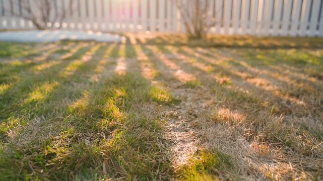 Smooth camera movement over lawn after winter with sunset background. Pile of dry dead grass after lawn raking