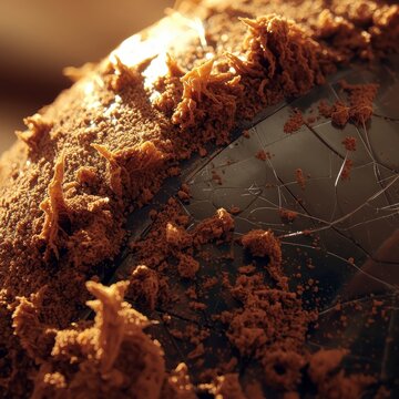 Extreme macro of abrasive brown mineral dust on cracked obsidian surface, conceptual geological texture.