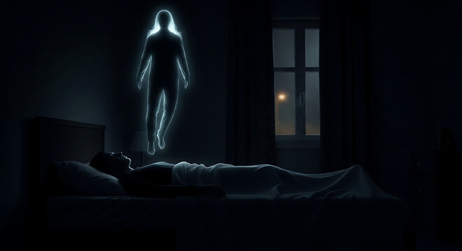 Astral Projection Man Levitate Above Body Experiencing Out of Body Dream State