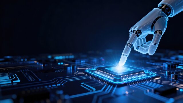Robotic hand interacting with AI microchip on futuristic circuit board, artificial intelligence semiconductor and advanced computing technology concept, idea for automation and digital innovation
