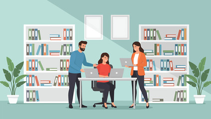 Three colleagues collaborating around a desk with a laptop and plants. Modern office environment with plants and bookshelves around them from a front viewpoint © Domestock
