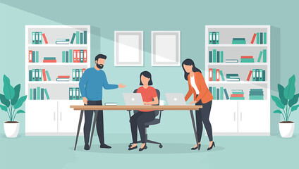 Three colleagues collaborating around a desk with a laptop and plants. Modern office environment with plants and bookshelves around them from a front viewpoint © Domestock